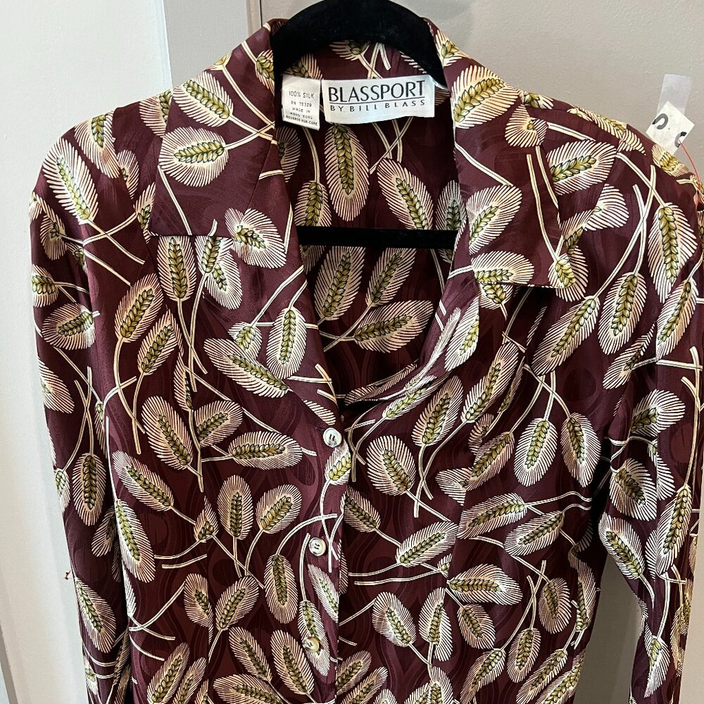 Vtg Retro Boho Silk shirt button down brown old money pin up career structure